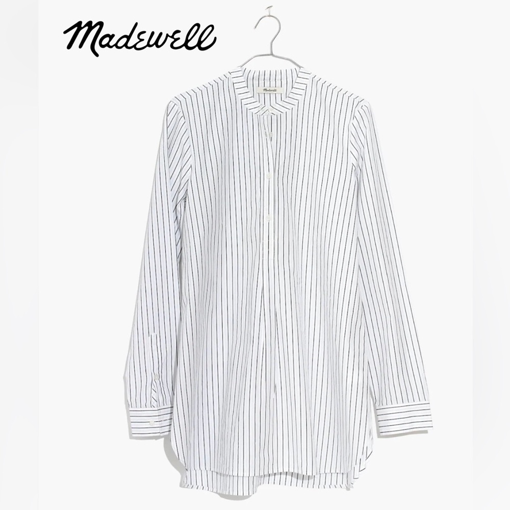 Madewell Women’s Striped Button-Up Shirt | Color: White, Black and Blue | Size:L